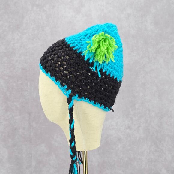 Blue Black Braid Pom Pom Tassel Crochet Funky Knit Bucket Cap Hat Beanie - Picture 3 of 4